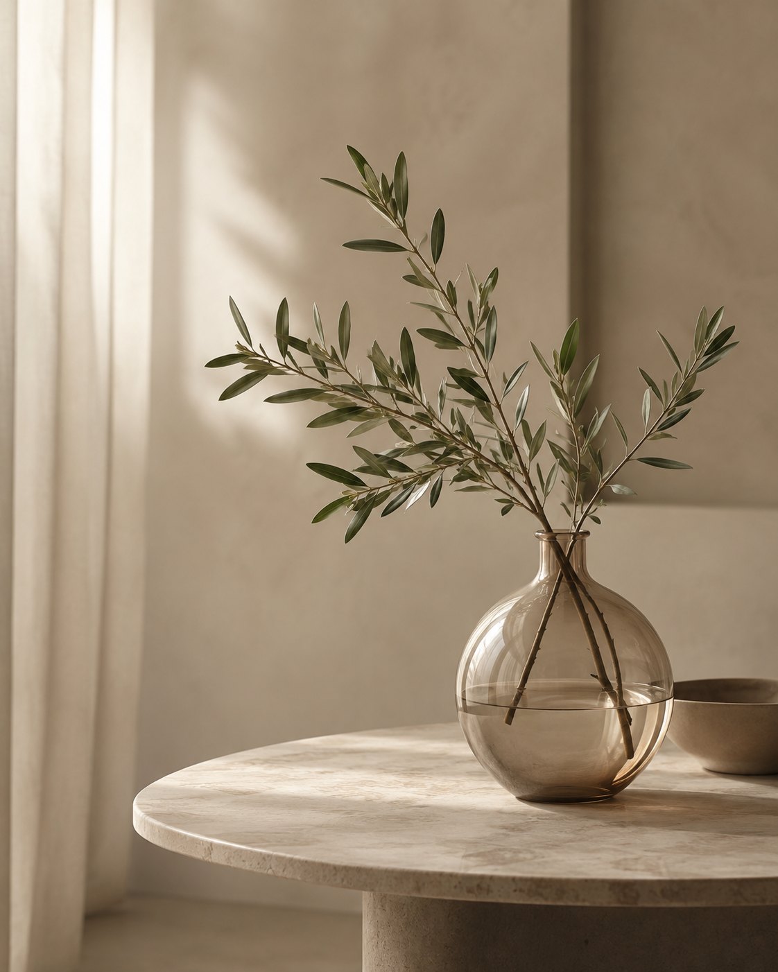 Olive branches in a glass vase on travertine — the quiet Nero aesthetic