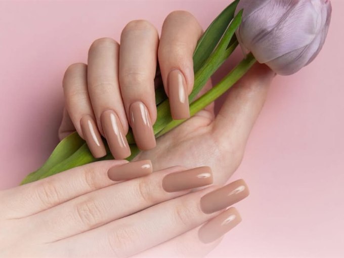 Caramel nude long nails styled with a tulip stem