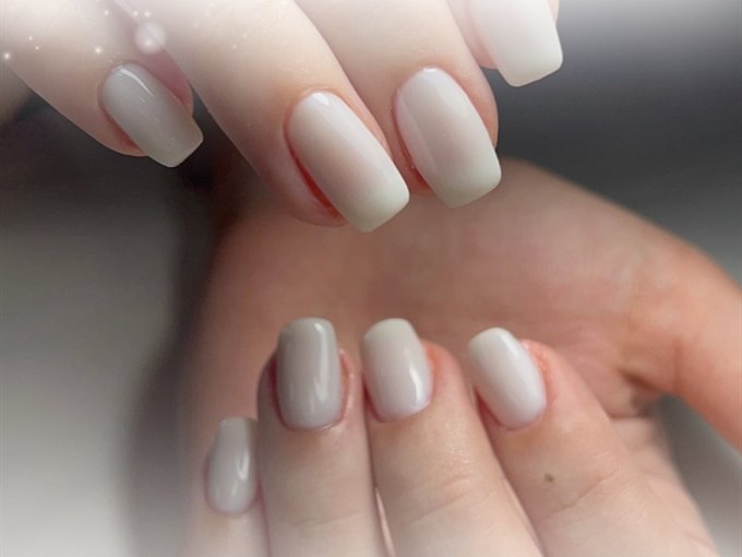 Milky white square manicure with a clean, natural finish